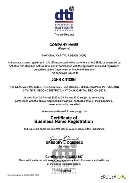 Certificat d'enregistrement de nom commercial aux Philippines Word et PDF version 2